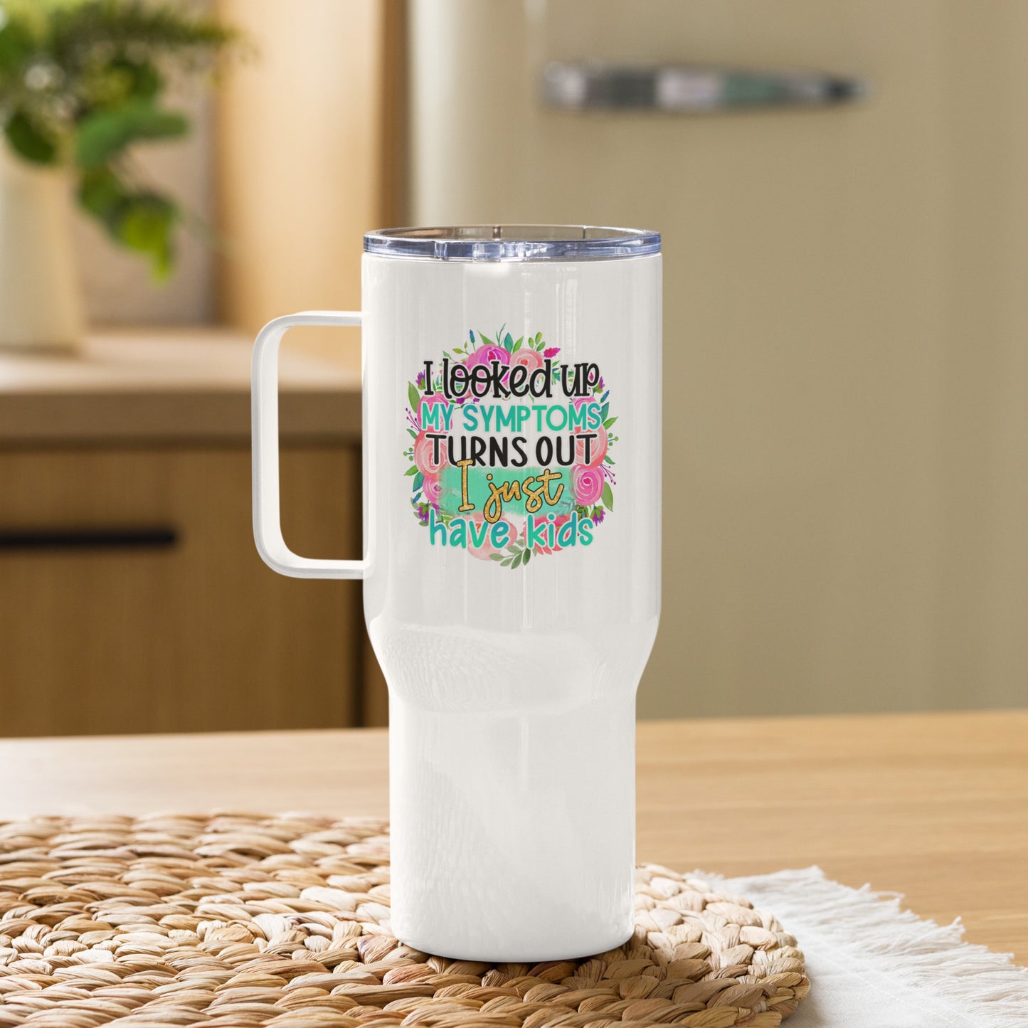 Mom Symptoms - Travel mug with a handle